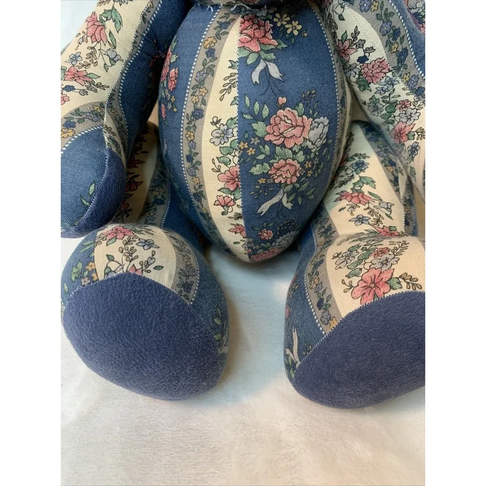 Vintage Patchwork Teddy Bear Stuffed Plush Floral Jointed Poseable Quilt Button - Picture 6 of 12
